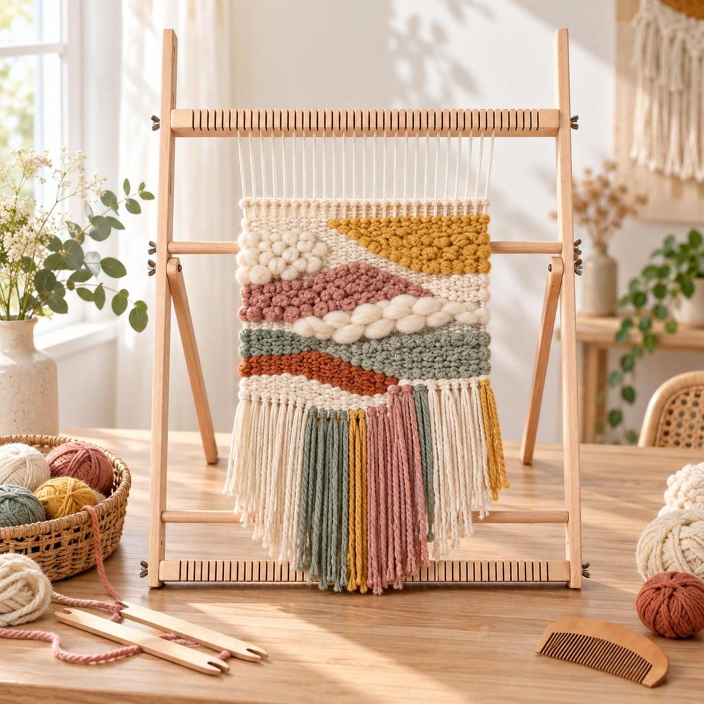 Weaving Loom with Tools Freestanding for Fiber Artists, Craft Hobbyists,