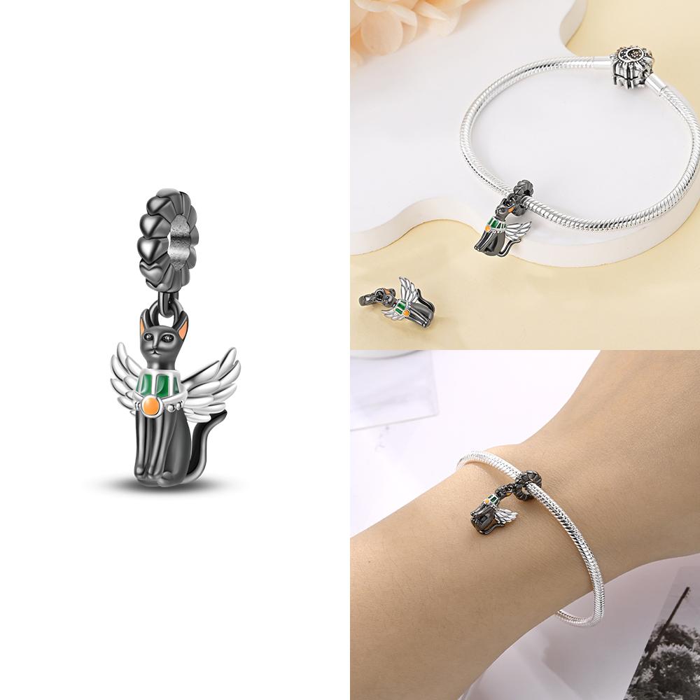 Original 925 Silver Black Cat Moon Cat Paw Pendant Charms Bead Fit Bracelet Women Jewelry Diy Anniversary Gift Accessories