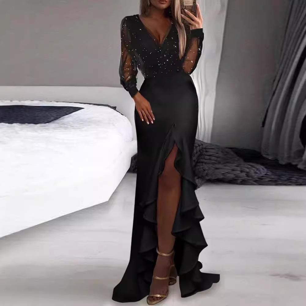 2025 Elegant Black Mesh Sequin Mid-Waist Long Skirt Dress