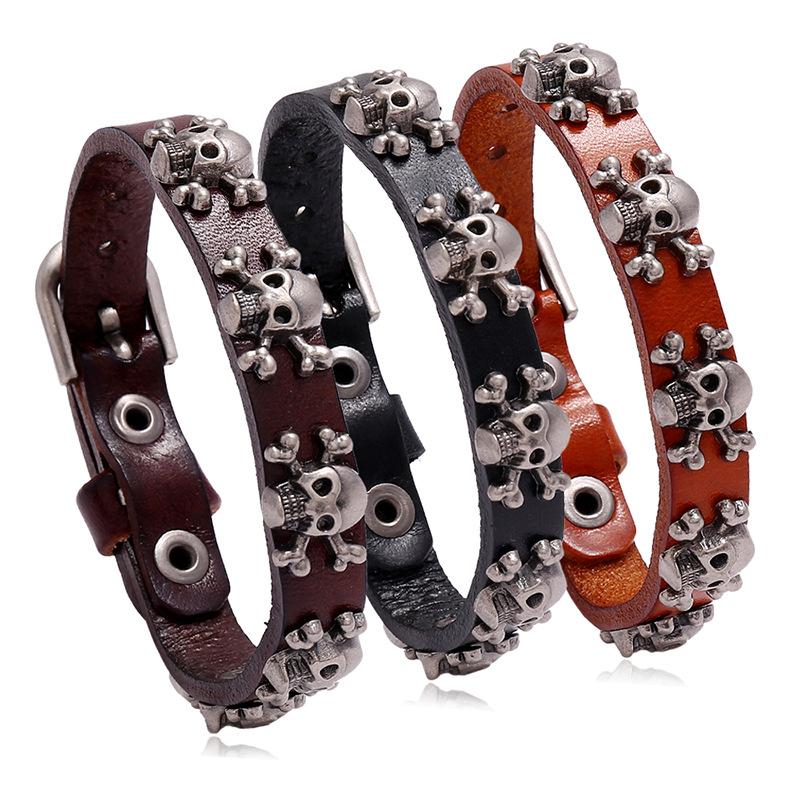 European and American New Style Jewelry, Popular on the Internet, Skull Punk Style Leather Bracelet, Simple and Adjustable Men's Accessory