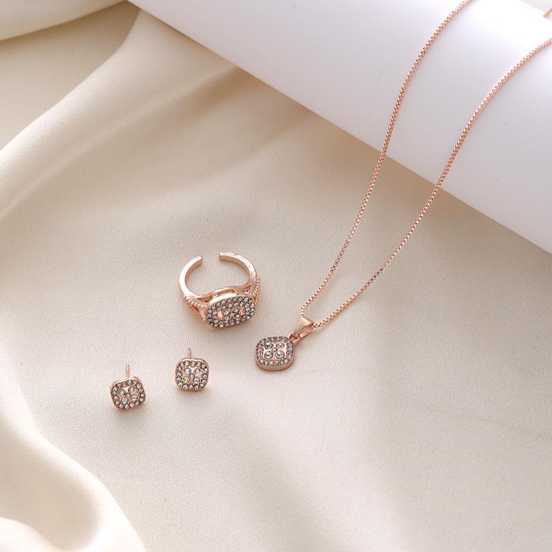 European & American Light Luxury Geometric Inlaid Diamond Jewelry Set: Necklace, Ring, Earrings