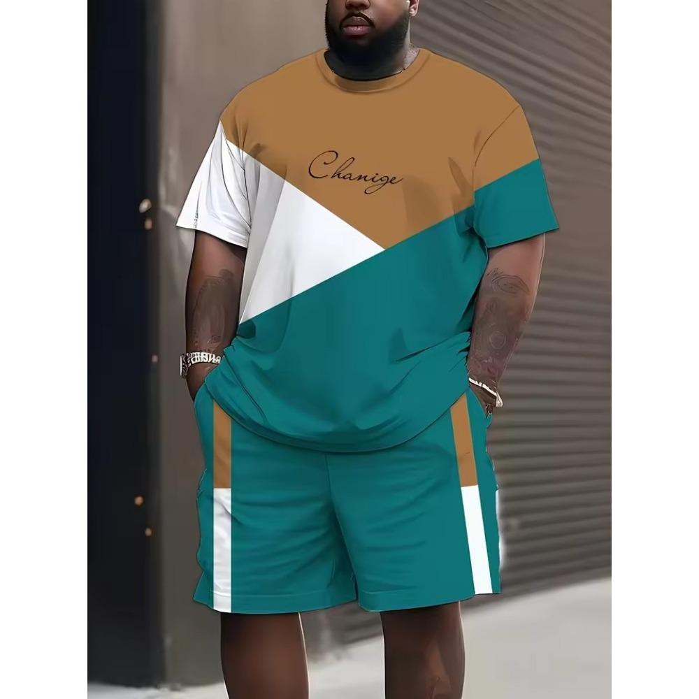 New Men's Trendy Teddy Bear Print Micro Elastic Comfortable Breathable Round Neck T-shirt Shorts Set Summer Outdoor Streetwear