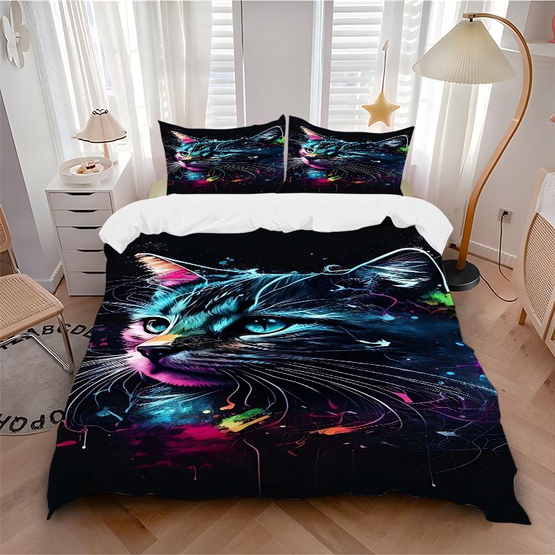 3pcs Colorful Cat Printed Duvet Cover Set (1 * Cover+2 * Pillowcase, Without Core), Suitable for Home Bedroom, Guest Room, Dormitory Decoration I