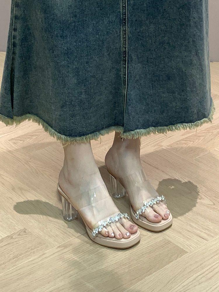 Transparent thick heel rhinestone sandals female summer word fairy wearing high heels beautiful crystal slippers season belt