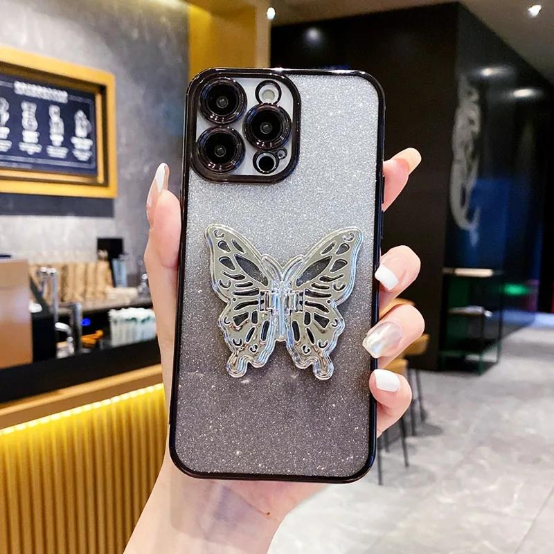Glitter Plating Butterfly Holder Phone Case For Funda Motorola Moto G9 G8 E7 Plus Power Play E6s E14 Edge 20 30 Bracket Cover