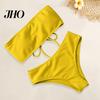 Bikini Set 1 Women Beach Suit with Chest Pad No Underwire Solid Color Elastic Female Bandeau High Waist Bathing Two-piece Swimming Trunks Split