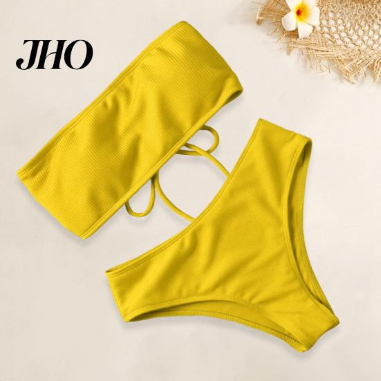 Bikini Set 1 Women Beach Suit with Chest Pad No Underwire Solid Color Elastic Female Bandeau High Waist Bathing Two-piece Swimming Trunks Split