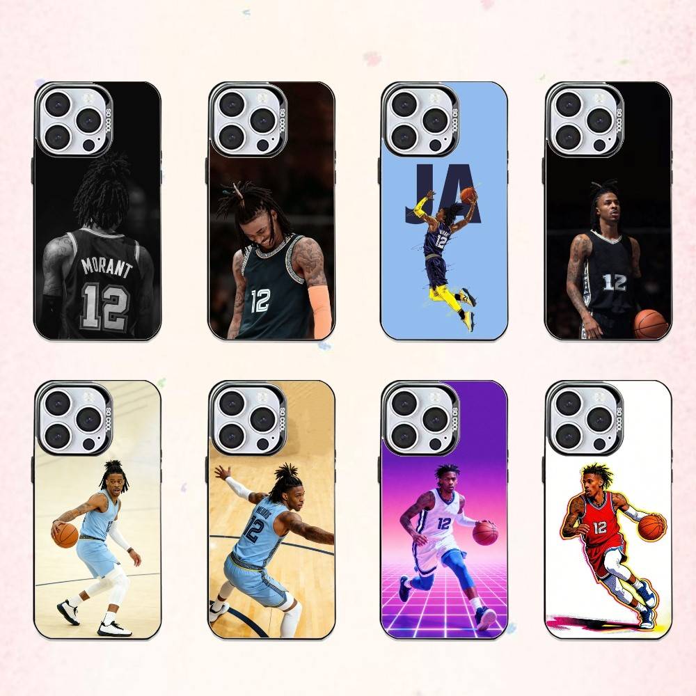 Custodia per Telefono Basketball J-Ja M-Morant 12 Per iPhone17,16,15,14,13,12,11 Plus,Pro Max Interno Colorato Placcato Argento