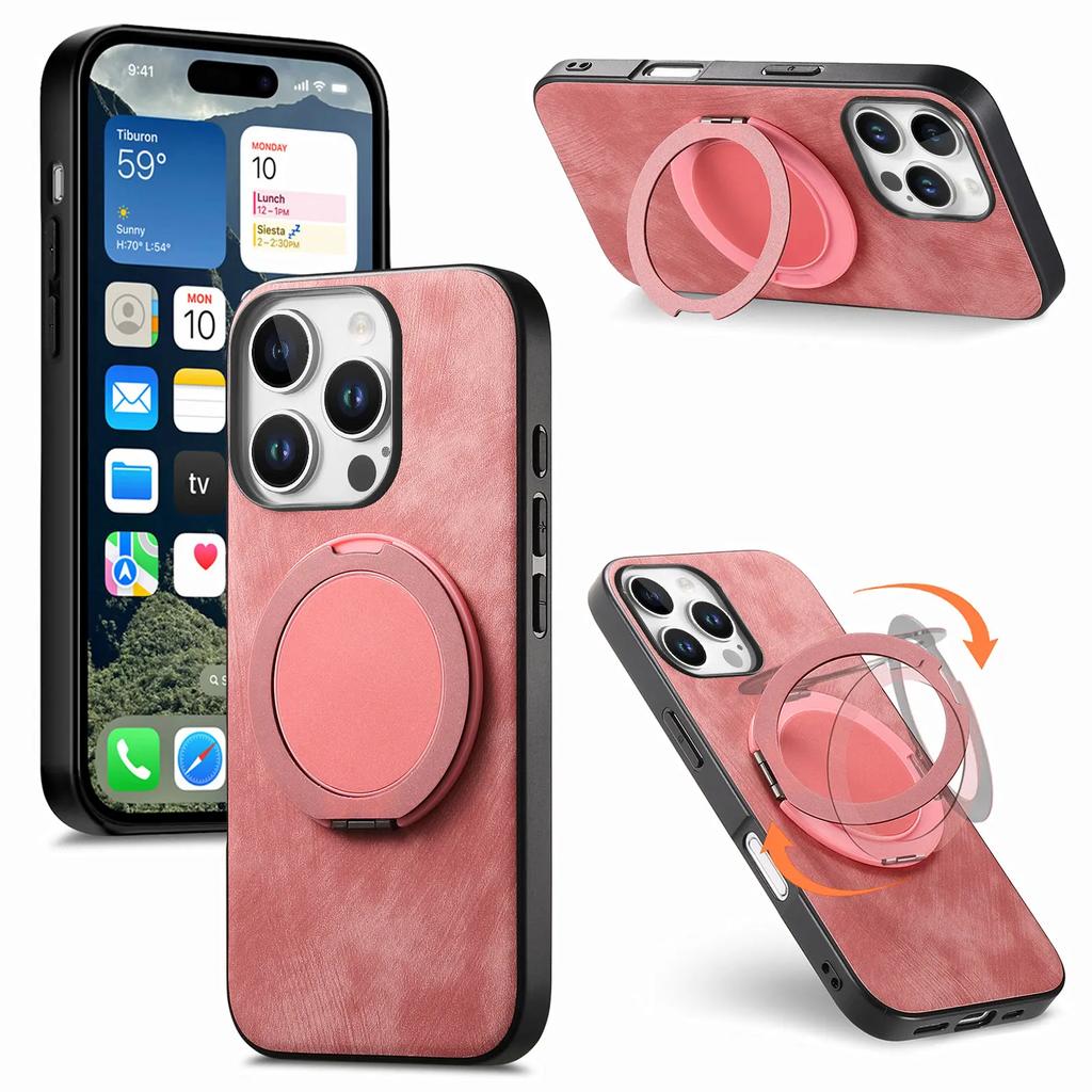 360 Rotating Ring Holder Kickstand Case For iPhone 16 Pro Max 15 Plus 14 13 12 11 SE 2024 Retro Pu Leather Back Magnetic Cover