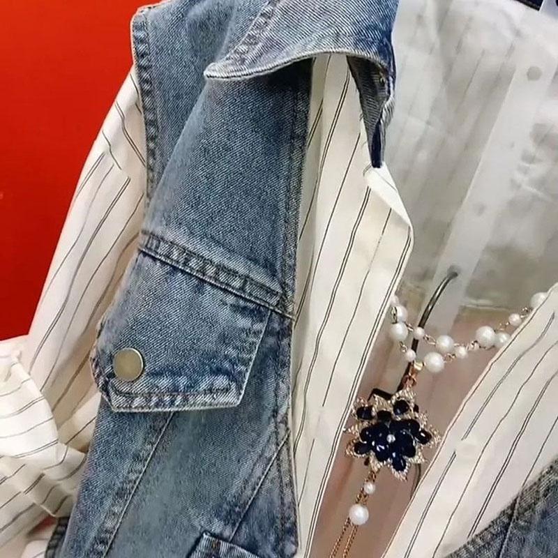 Korean Design Sense Striped Denim Jackets Shirt Women Spring Summer Splicing Fake Two Pieces Shirt Top Ladies