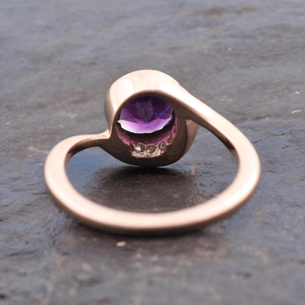Round Cut Amethyst Ring, 14 K Rose Gold Plated Silver Bezel Engagement Ring with Diamond Accents,