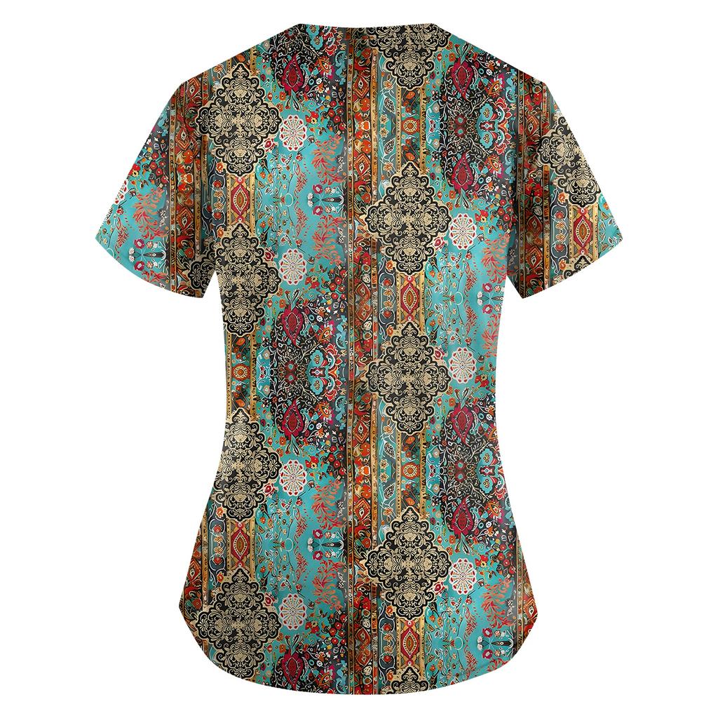 Nadměrná velikost Potištěný pracovní oděv Halenky pro dámský překřížený výstřih do V Potisk Krátký rukáv Zábavná trička Pracovní oděv Tričko s kapsami