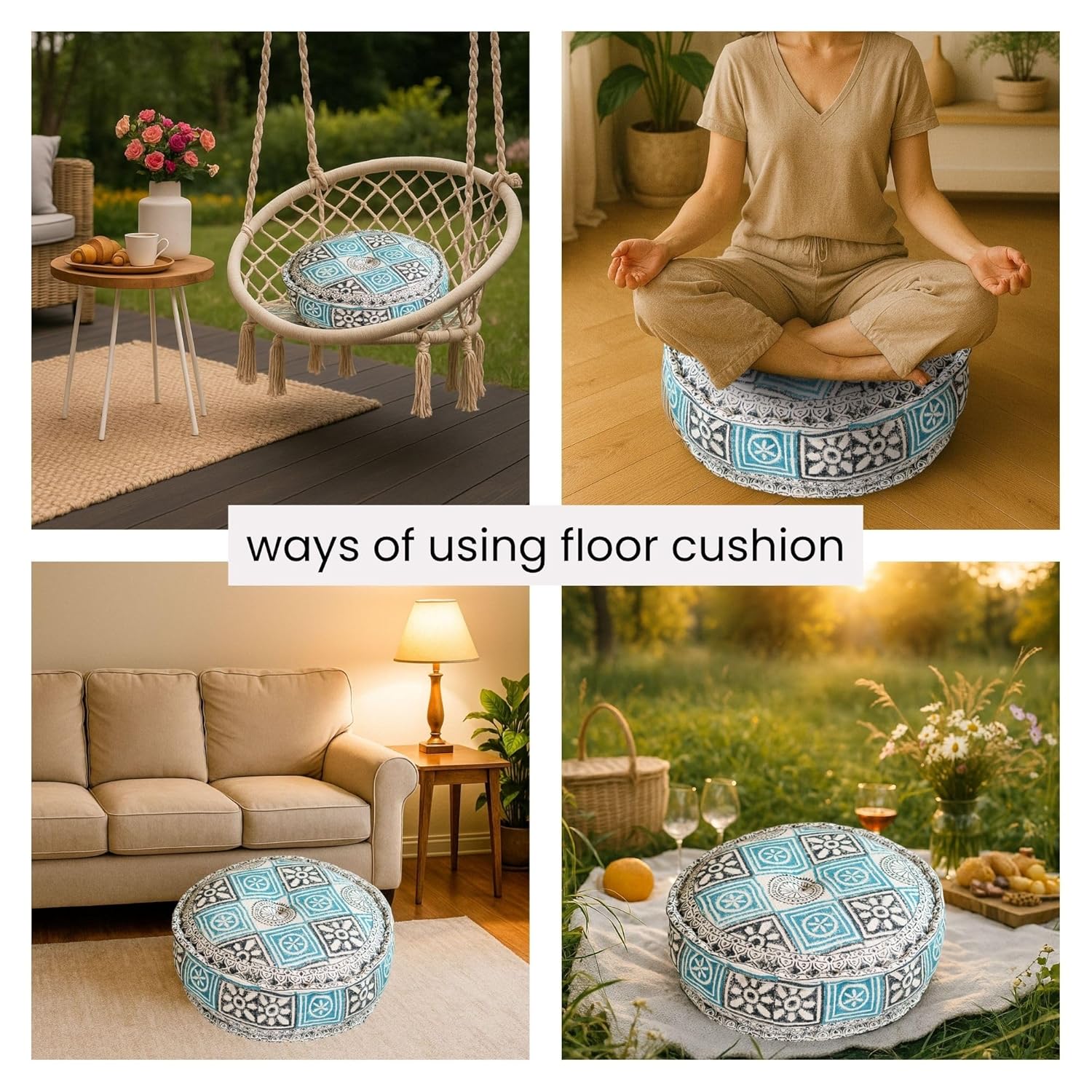 Teal Hand Block Print Round Floor Cushion | Size 51 cm x 51 cm x 20 cm 51 cm x 51 cm x 20 cm