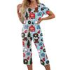 Women's Casual Two Piece Outfit Set Christmas Print Short Sleeve Pants
