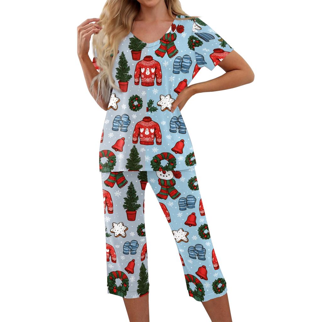 Women's Casual Two Piece Outfit Set Christmas Print Short Sleeve Pants