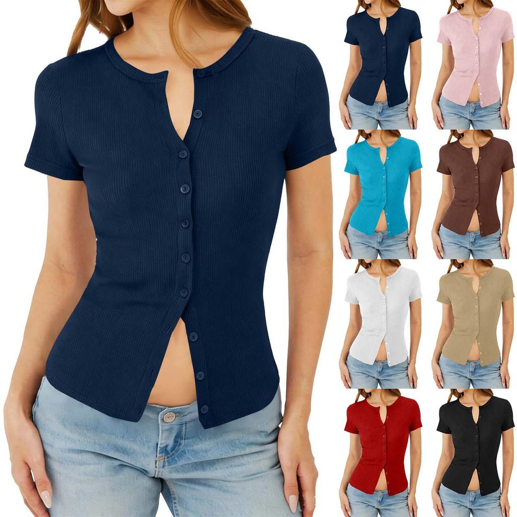 Top da Donna Estivo A Coste Slim Fit con Bottoni Manica Corta Girocollo T-shirt Basica Casual Leggera