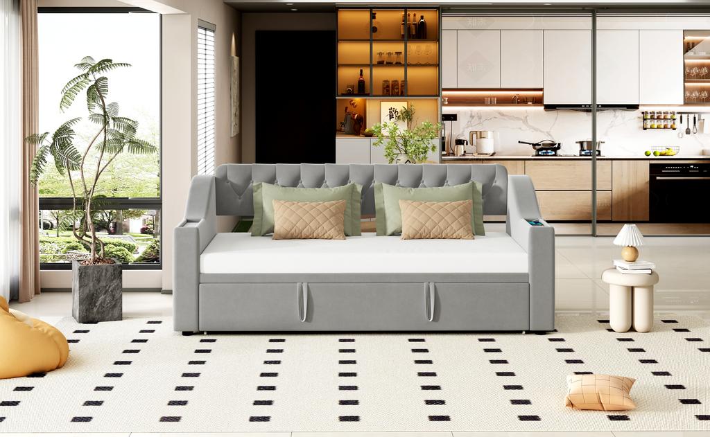 Upholstered Sofa Bed, 90/180*190 Cm, Wider and Thicker Armrests with USB Charging Port, Integrated Storage, with Slatted Frame, Velvet Fabric, Gray