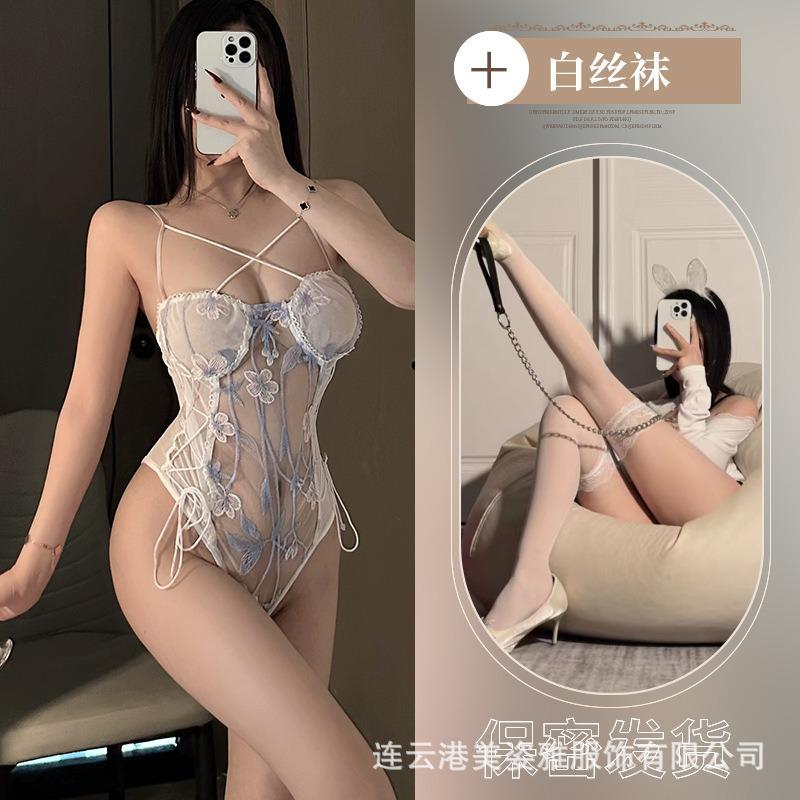 Sexy Spice Girl Neck Breast Mesh Lace-up Heavy Industry Embroidery Perspective Onesie Bottom Top Sex Women