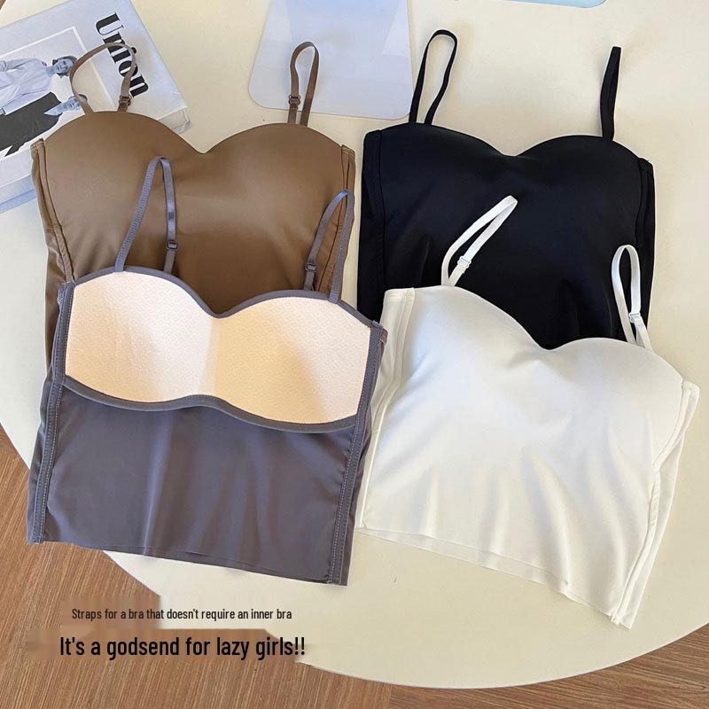 Seamless Ice Silk French Strappy Tank Top with Fixed Cup and Bandage Bustier