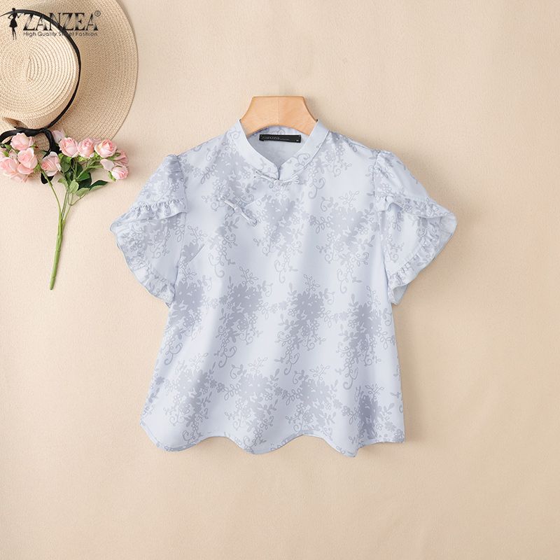 ZANZEA Elegant Women Casual Round Neck Short Sleeve Blouse