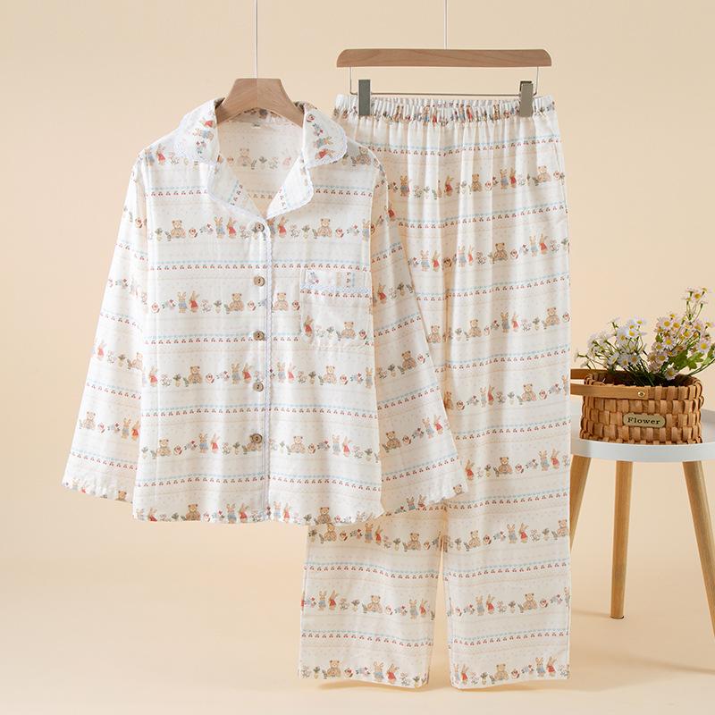 Women's pajamas spring and autumn new pure cotton yarn lace lace homewear loose large size cardigan long sleeve trousers homewear