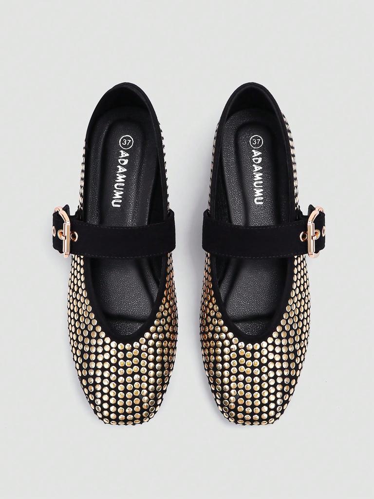 Schwarze Mary-Jane-Flats mit durchgehenden Silber-Pailletten & breitem Einzelriemen mit Schnalle