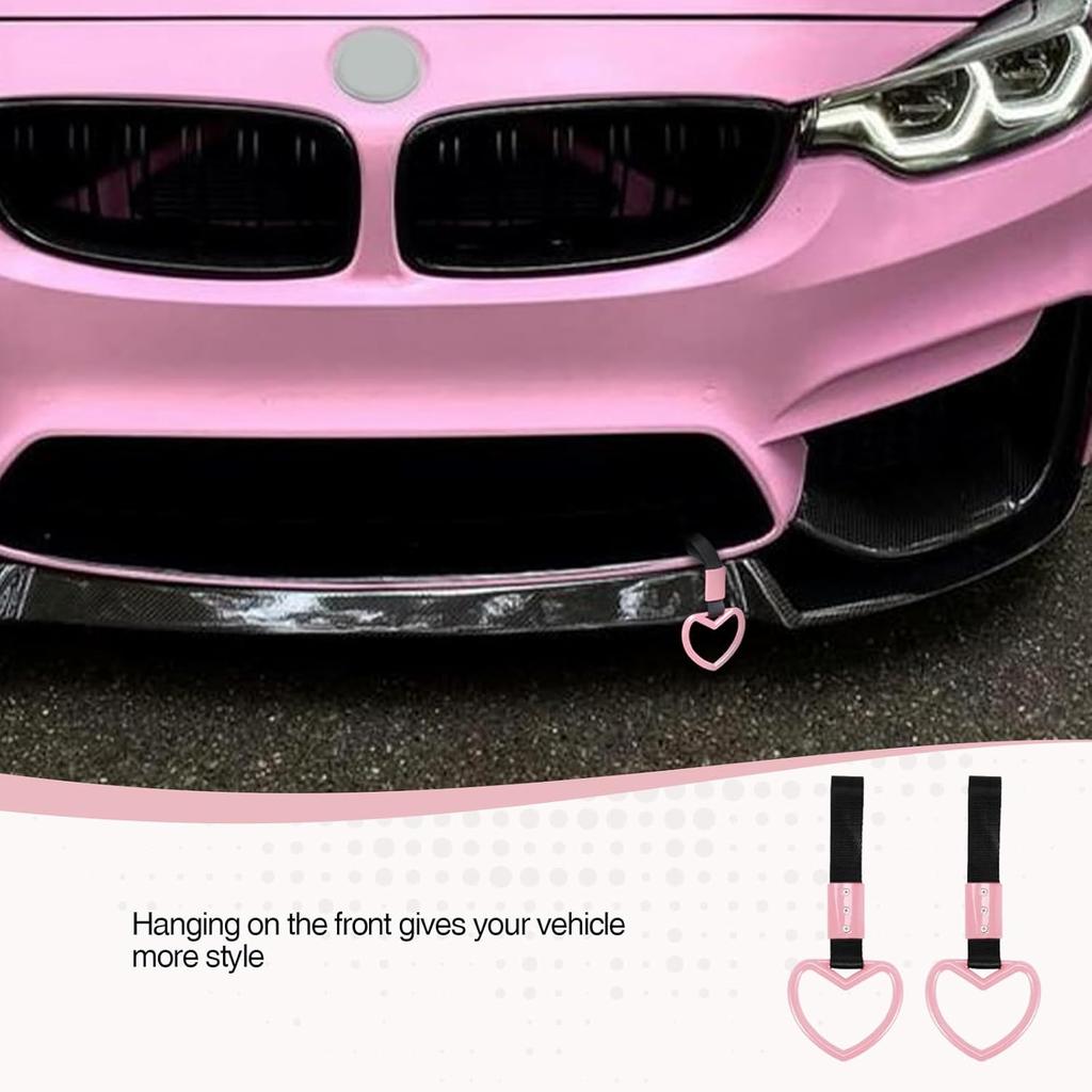 2PCS Heart Shaped Car Handle Straps, Rear Bumper Warning Keychain Ring With Drift Charm For Car Exterior Interior Accessories (Pink)