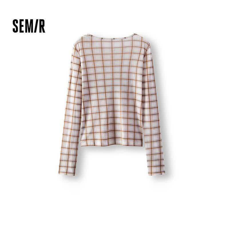 Semir Women's Plaid Mesh Long Sleeve T-Shirt