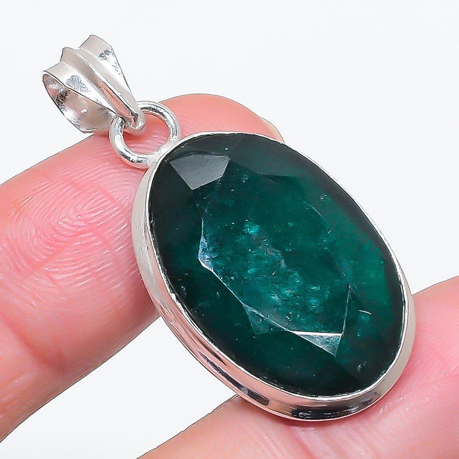 Natural Emerald(Simulated) 925 Sterling Silver Jewelry Pendant 1.65" i1T44