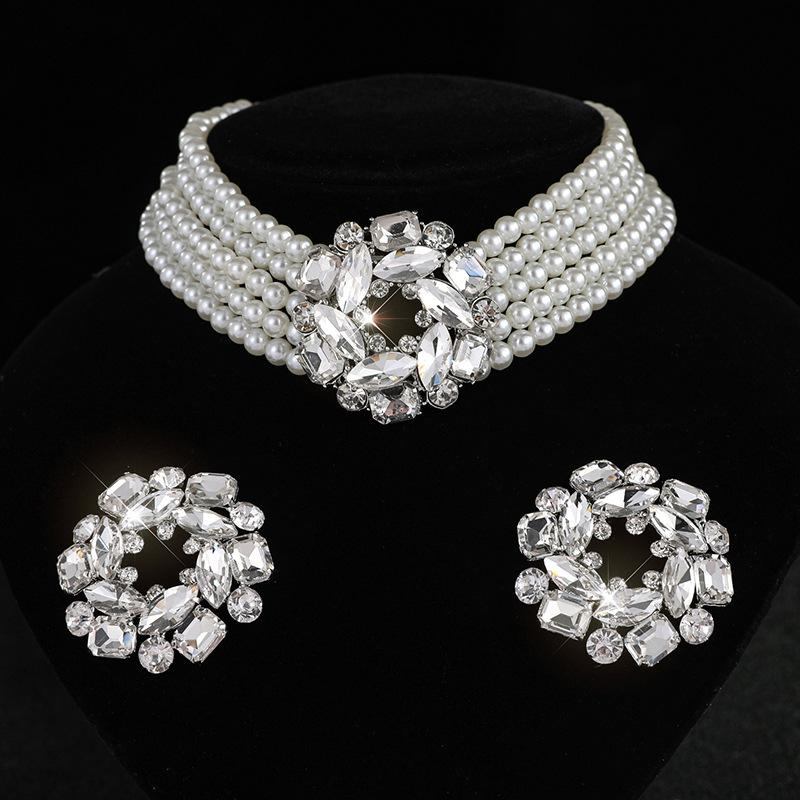 Full Diamond Peach Heart Multi-layer Pearl Necklace Stud Earrings Set Colored Rhinestone Necklace Love Crystal Necklace Women