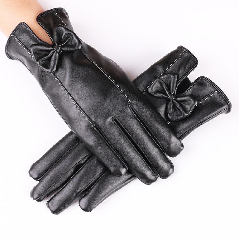 New Autumn and Winter Women's Touch Screen Leather Gloves Bow Color Warm Fleece Riding Touch Screen Gloves Winter