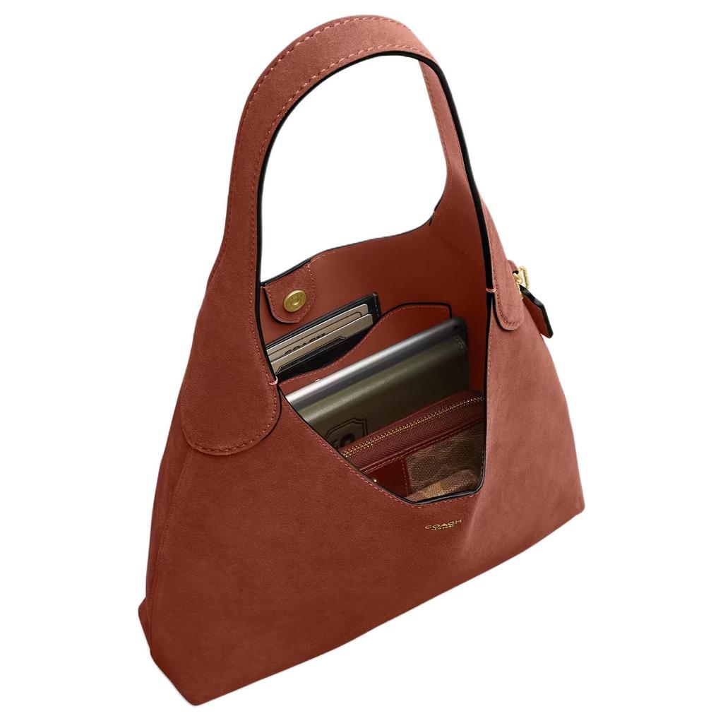 Coach Brooklyn 28 Logo Plaque Suede And Leather Shoulder Bag Large Women Shoulder Bag Clay CW637-B4AY