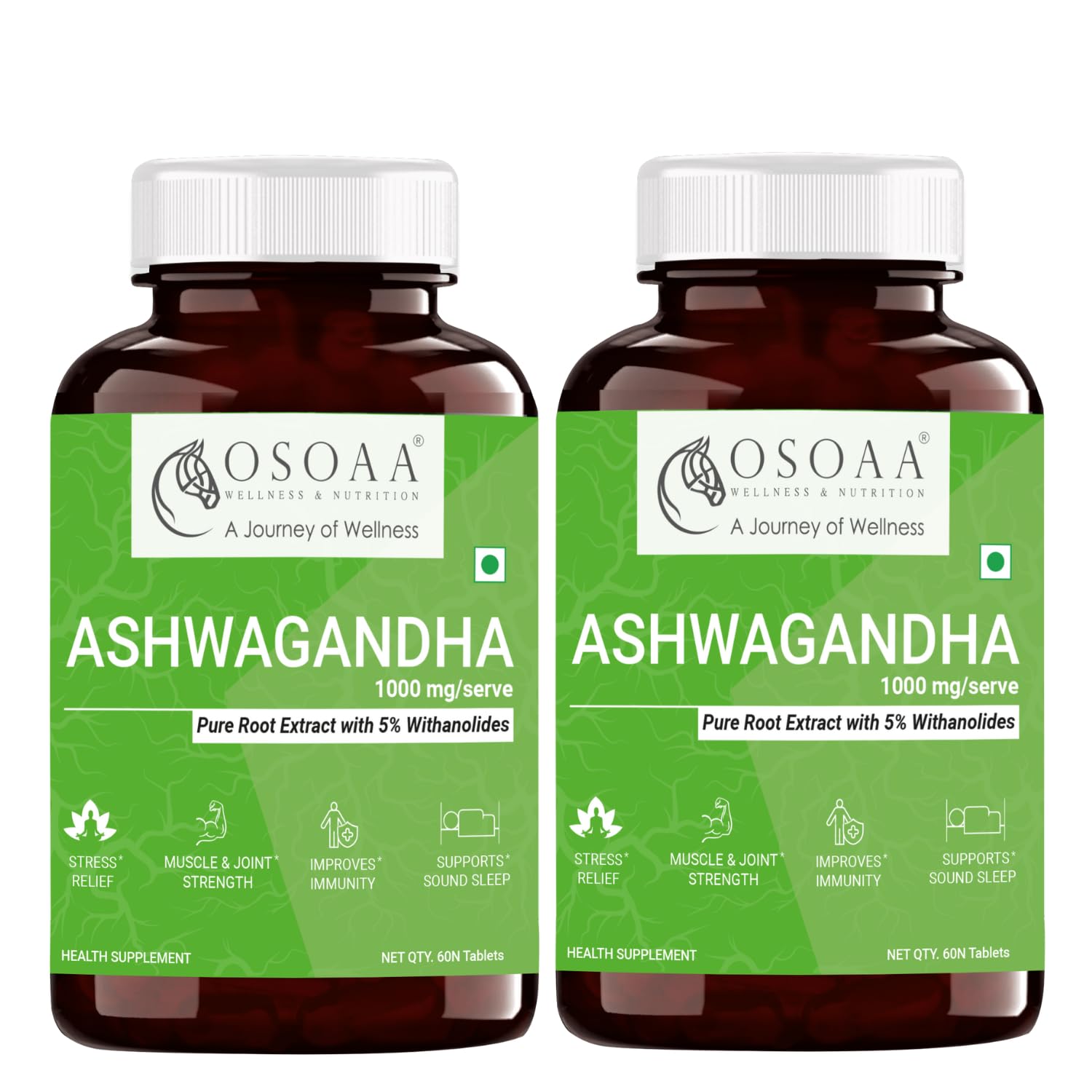 

Osoaa Ashwagandha 5% Withania Somnifera 1000mg | 60 Tablets 100gm 0.2lbs Each Pack Of 2