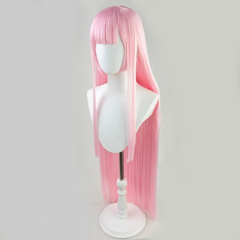 Pink Straight Long Wig Synthetic Hair Flat Bangs Cosplay Anime Party Costume Daily Wear Full Wigs for Women Girls