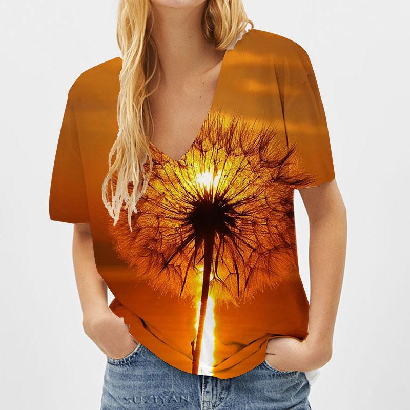 

Fashion Spring Dandelion Print Blouses Short Sleeved V-Neck T Shirts Casual 8XL помаранчевий
