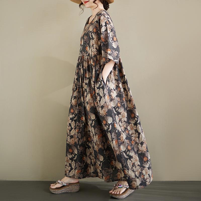 DIMANAF 2026 New Plus Size Spring Summer Beach Vintage Lady Long Dress Women Loose Oversize Maxi Floral Print