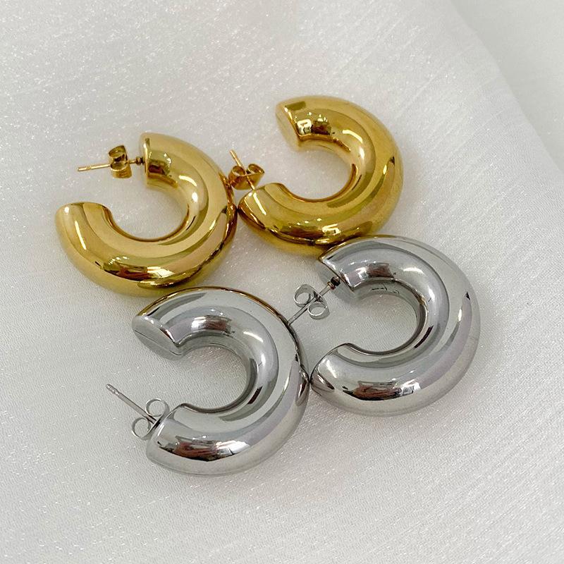 New Gold Plated Thick Hoop Earrings for Women Minimalist Geometric Simple Round Silver Earring Fashion Jewelry Gifts