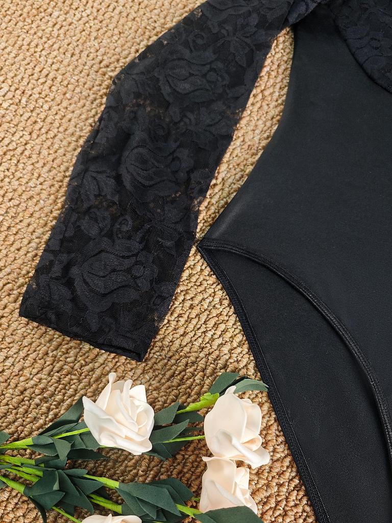 Plus Size Lace See-through Bodysuit with Open Crotch and Hollow-out Design