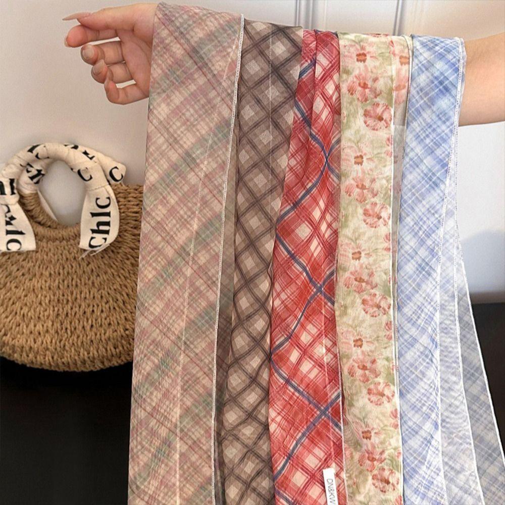 Long Striped Checkered Silk Scarf for Women Lattice Women Summer Scarf New Neck Scarf