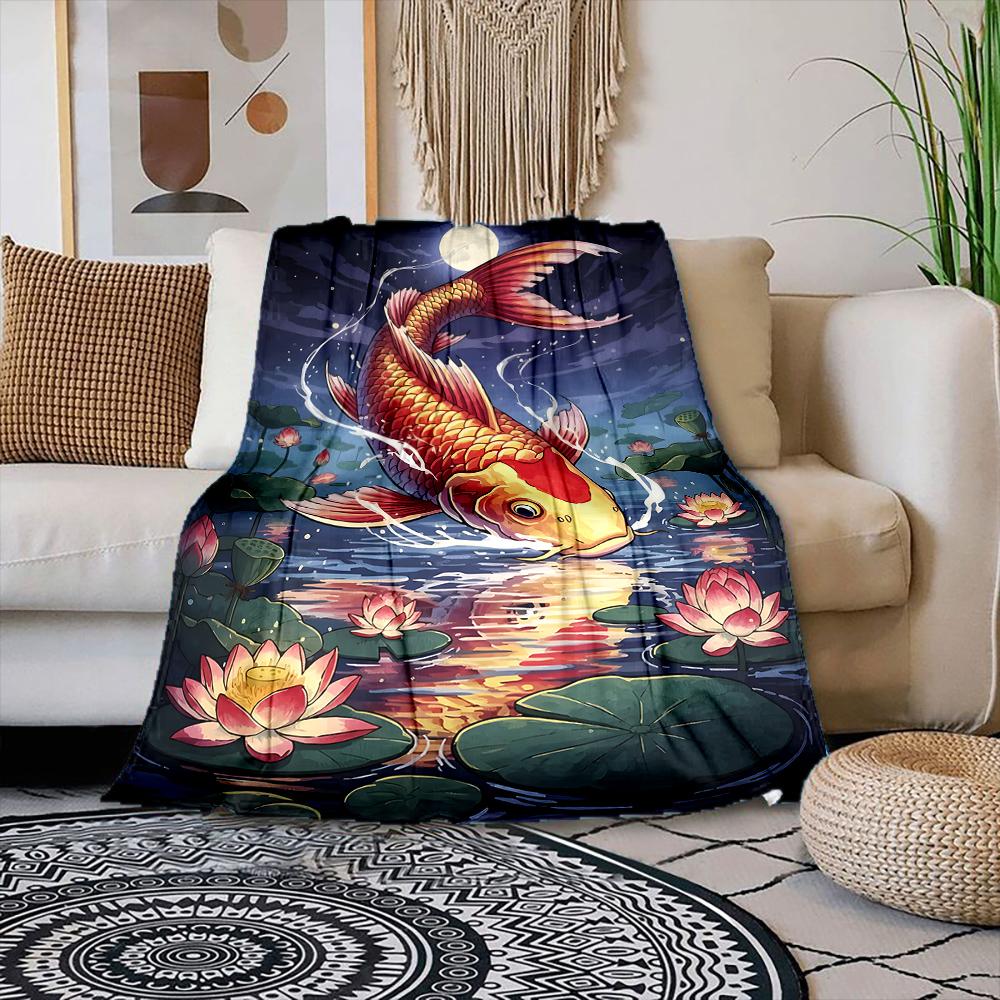 

Multiple sizes Koi swims under moonlight Print Blanket Warm Soft Suitable for All Seasons for Home Sofa Travel Camping Picnics 75x100cm