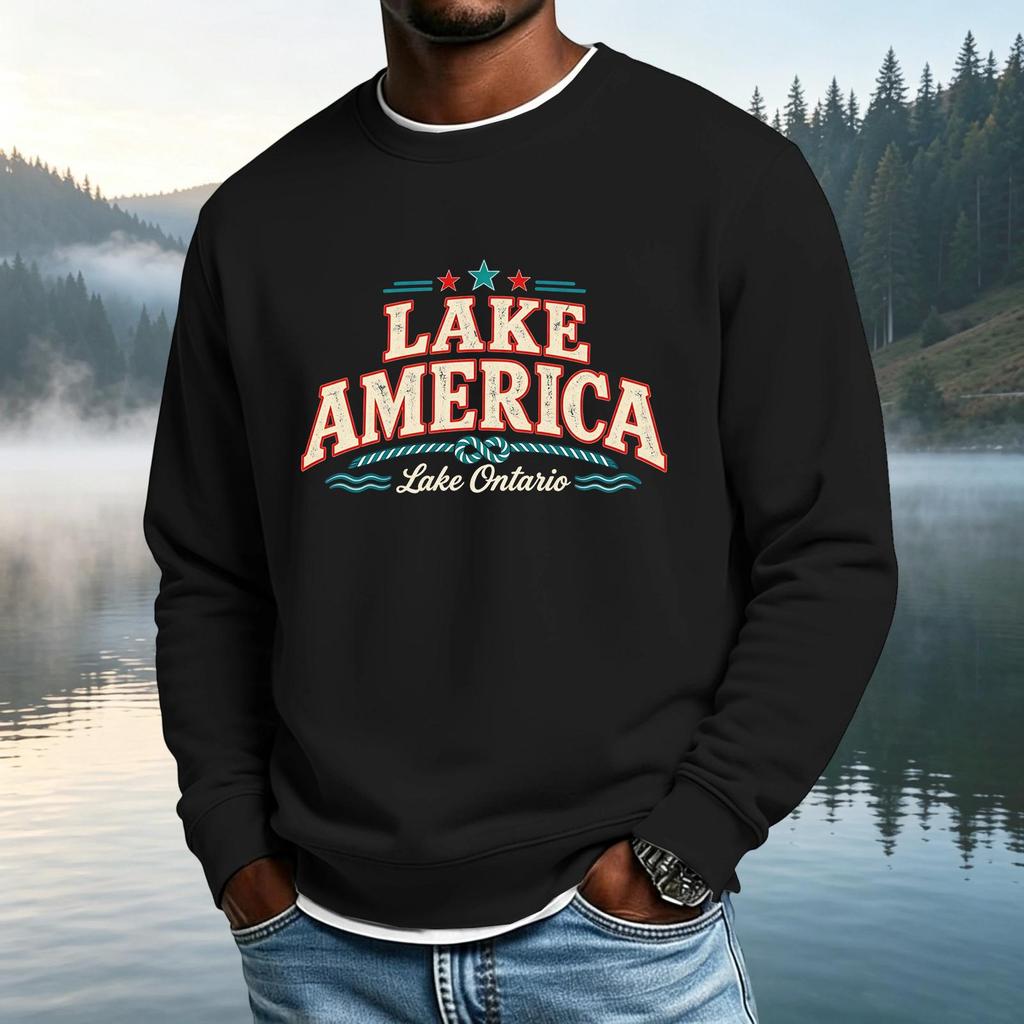 Men's Casual Loose Fit Long Sleeve Neck T-Shirt with Letter Graphic Print