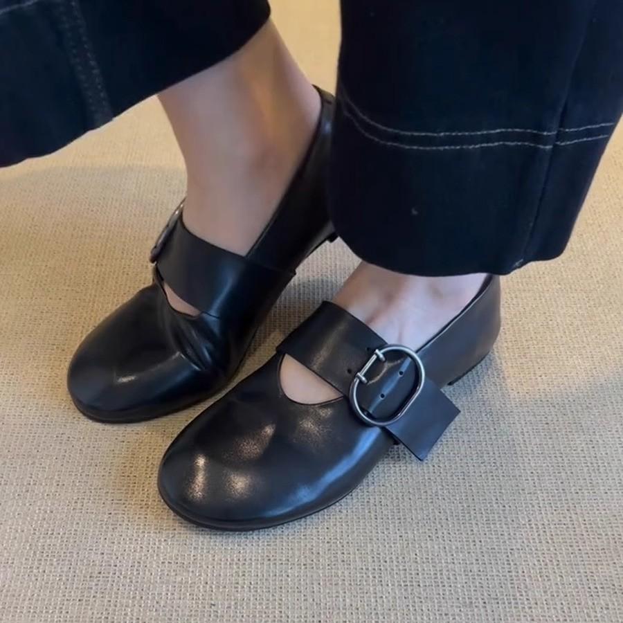 Spot Version~ Round Head Belt Buckle Flat Bottom Mary Jane Shoes Retro Small Single Shoes Grandma Shoes Shallow Mouth Ballet Shoes Women
