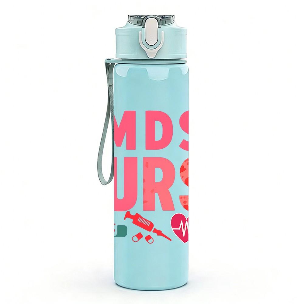 1PC MDS Nurse Color Heart Text 750ml Color Plastic Sports Water Bottle Leakproof Flip Straw Lid Suitable for Sports Office Home Use