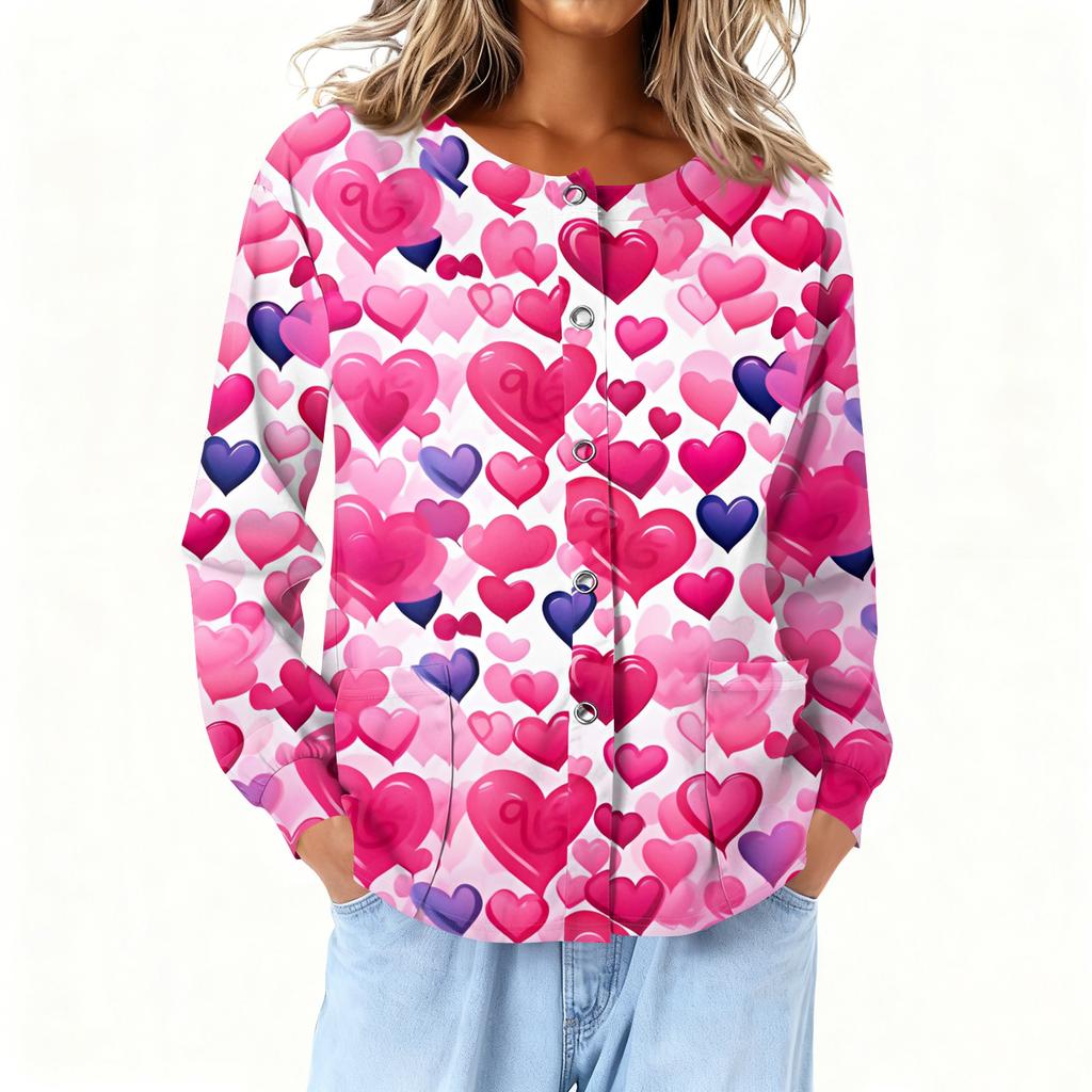 Women Long Sleeve Printed Pocket Working Stand Collar Single-breasted Protective Overalls Cardigan Jacket Top