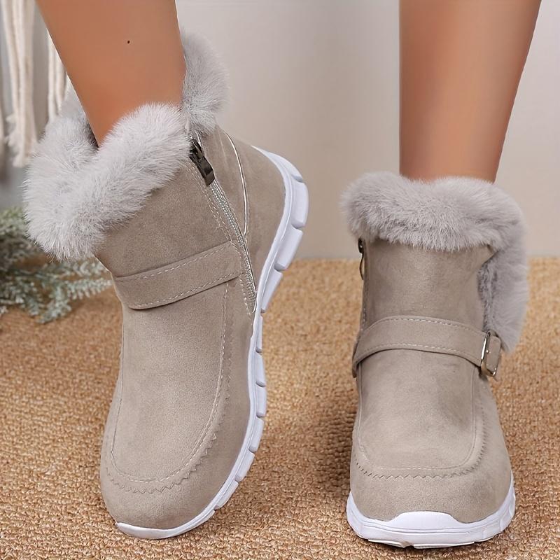 Winter Thermal Insulated Boots Warm Plush Lined Ankle Boots Fluffy Trim Side Zipper Boots Women'S Footwear