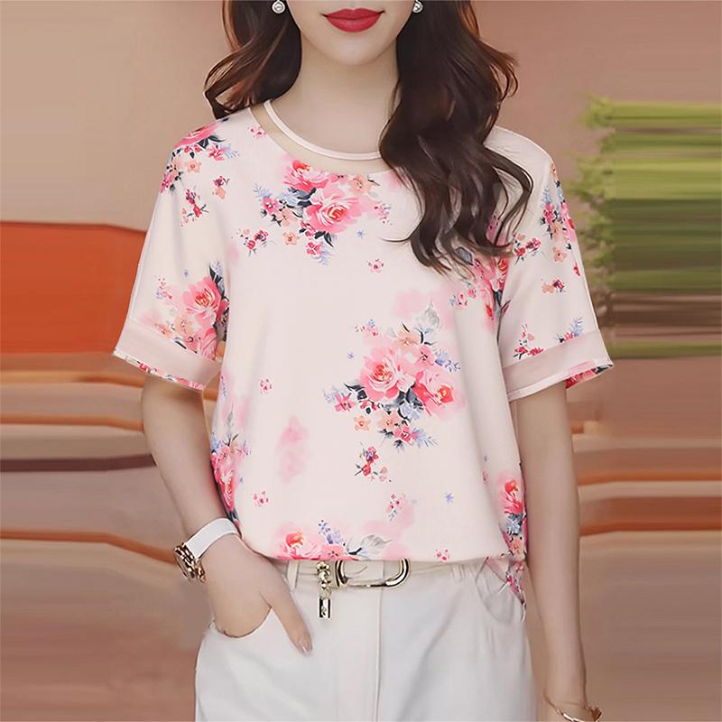 

ZANZEA Женская повседневная блузка с круглым вырезом, цветочным принтом и коротким рукавом 2XL розовый