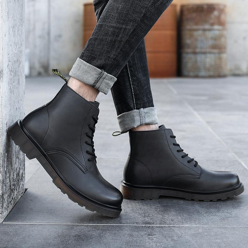 Men's shoes winter velvet thickened Martin boots cowhide black tooling men's leather shoes high-top warm cotton shoes 2025