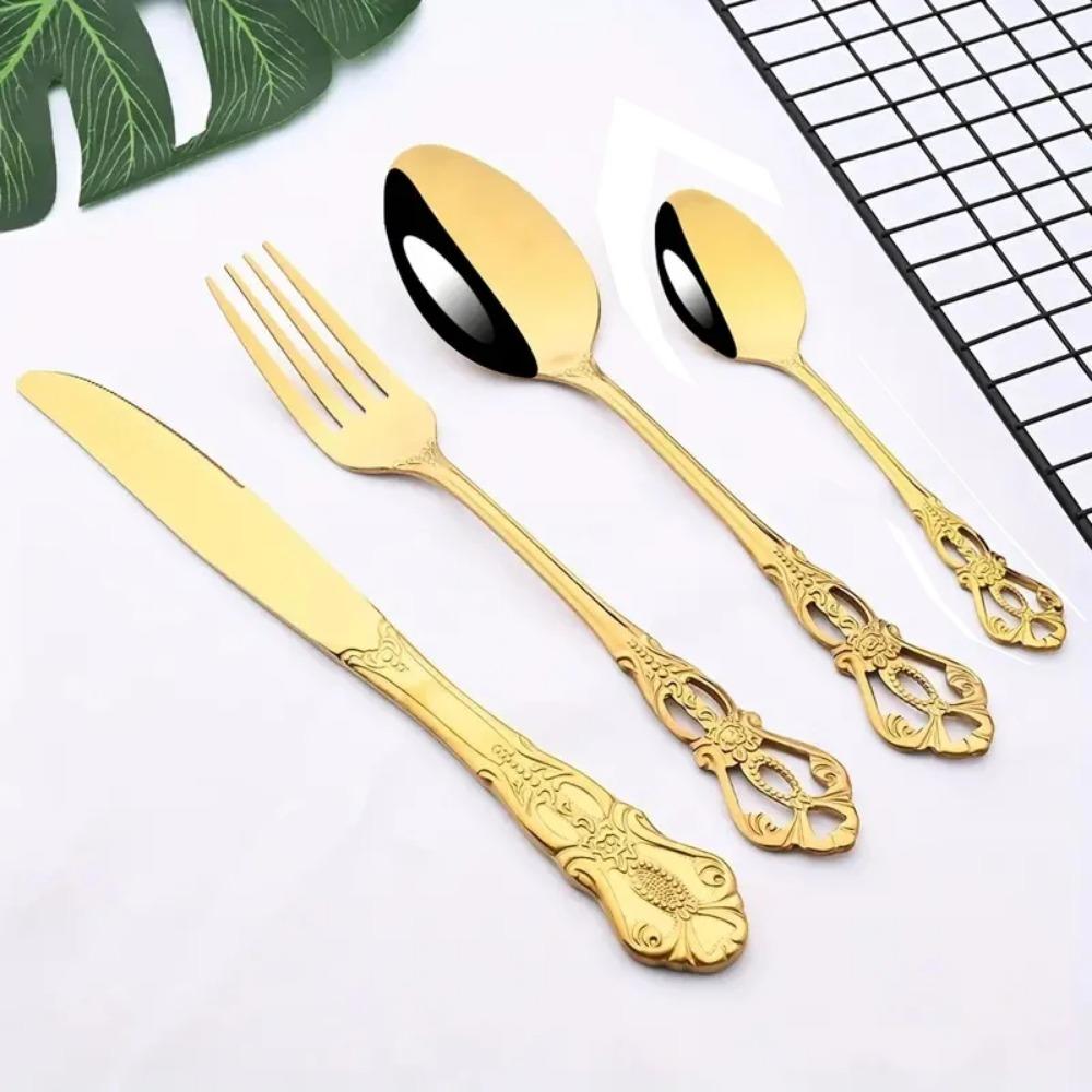 4/24pcs Elegant and Durable Vintage Crown Cutlery Set - Stainless Steel Cutlery for Restaurants, Home, Parties and Weddings
