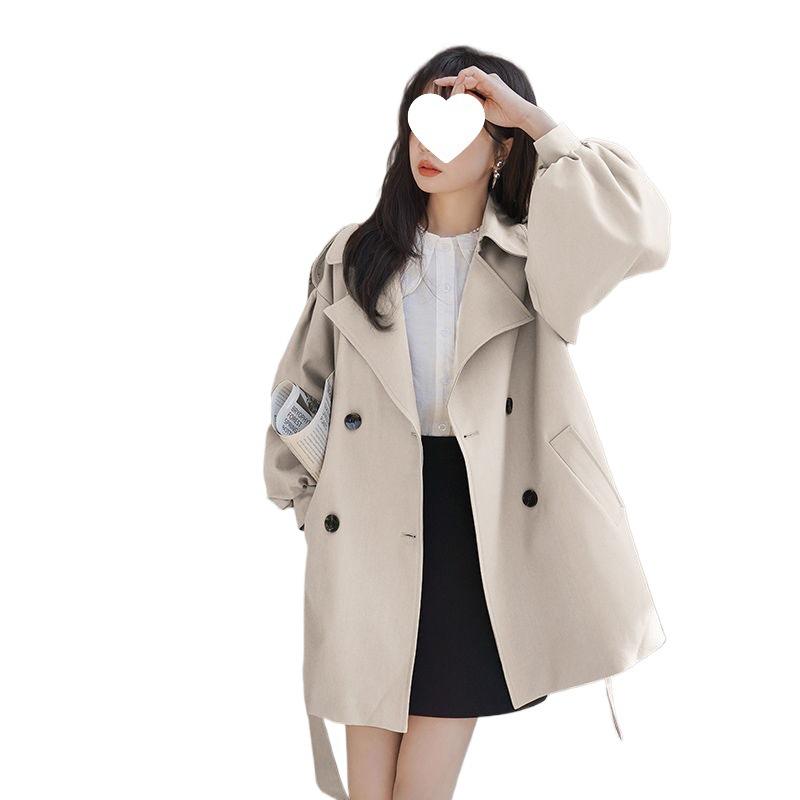 Khakifarbener Damen-Trenchcoat in lockerer Passform, Neuer koreanischer Stil für Frühling & Herbst 2025, Kleine Größe mit Puffärmeln