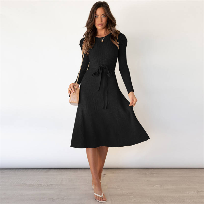 Knitted Dress Big Swing Dress Base Sweater Dress Slimming High Waist Bubble Long Sleeve Mid-Length